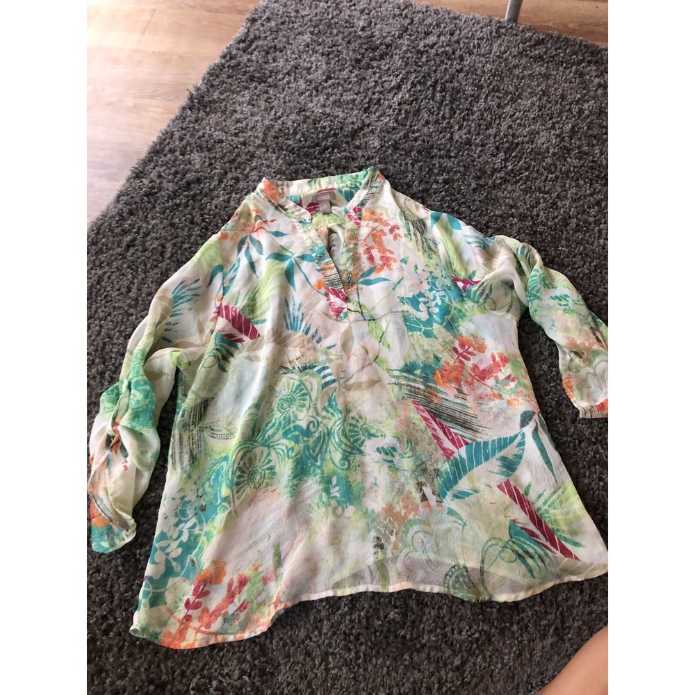 Chico's Size 3 Women's Tropical Sheer V-Neck Tunic Blouse Multicolor Green